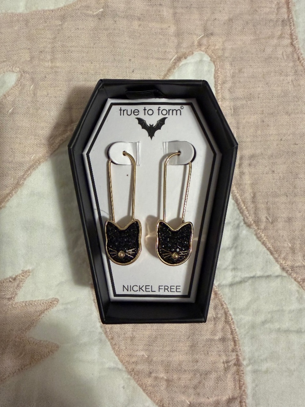 NWT - True To Form Halloween Black Cat Safety Pin Earrings Nickel Free